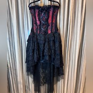 Strapless, red and black lace corset dress with Hi-low hem